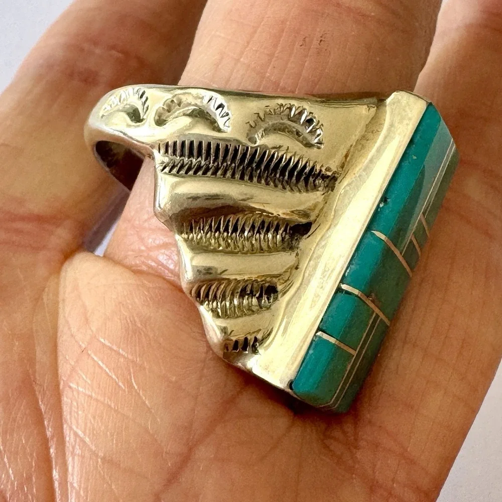 Bigger Turquoise Inlay Mens Ring Sz 12 Signed PLL Lincoln Navajo Sterling Signed